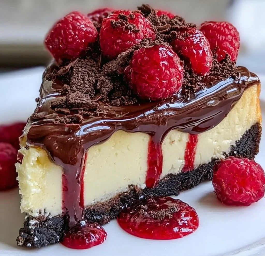 Decadent dark chocolate raspberry cheesecake topped with fresh raspberries