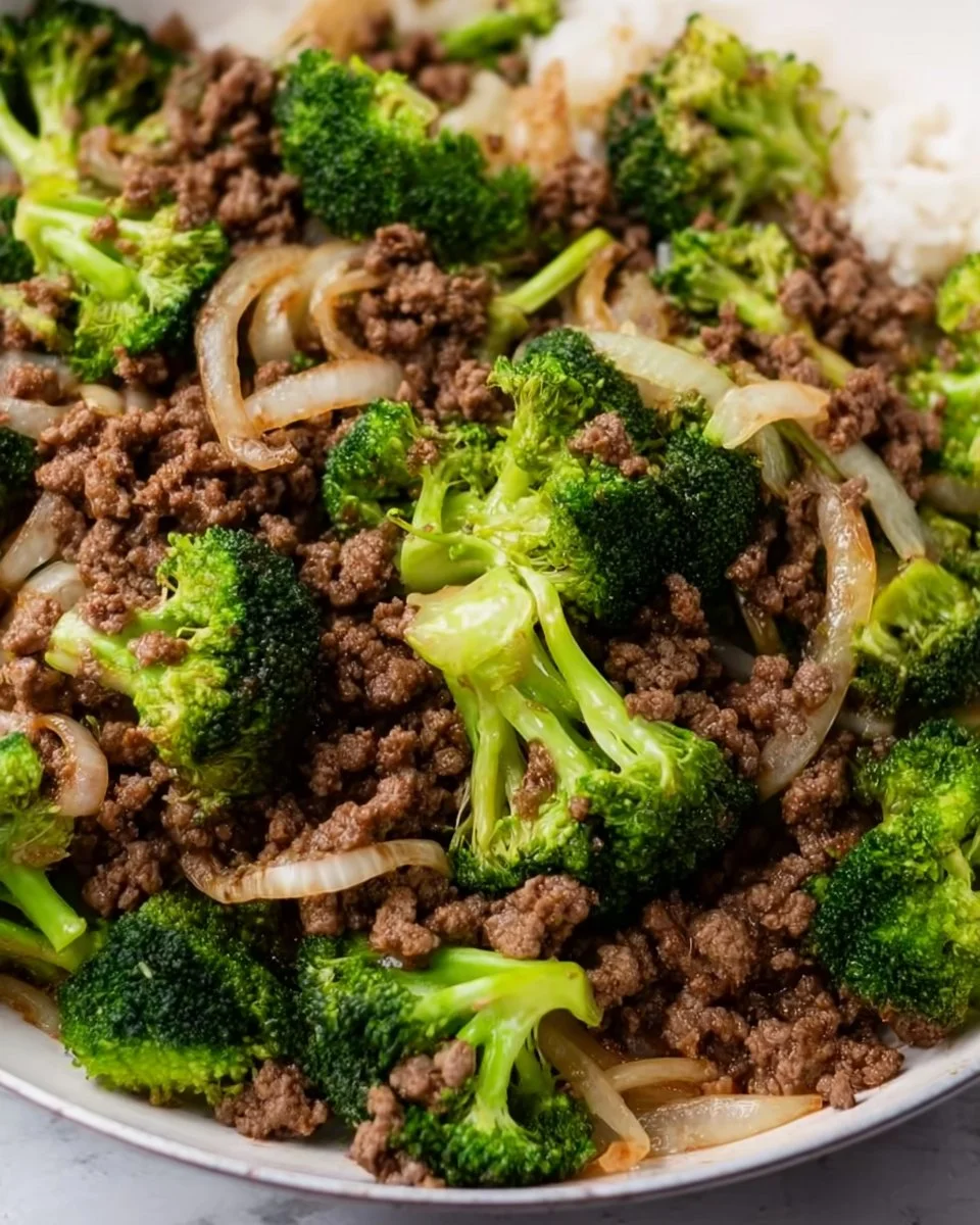 Plate of easy broccoli stir fry with ground beef and vegetables