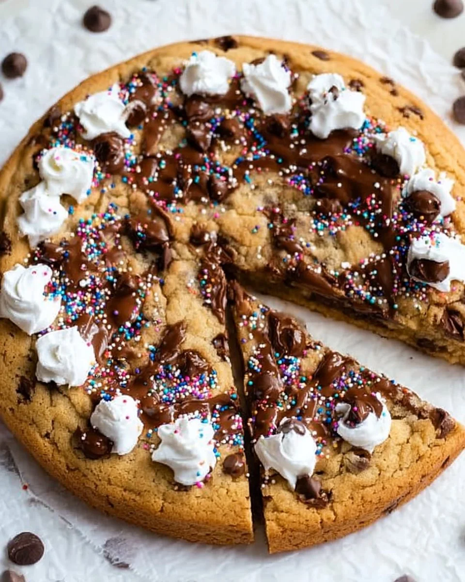 Delicious easy cookie cake topped with chocolate chips and frosting