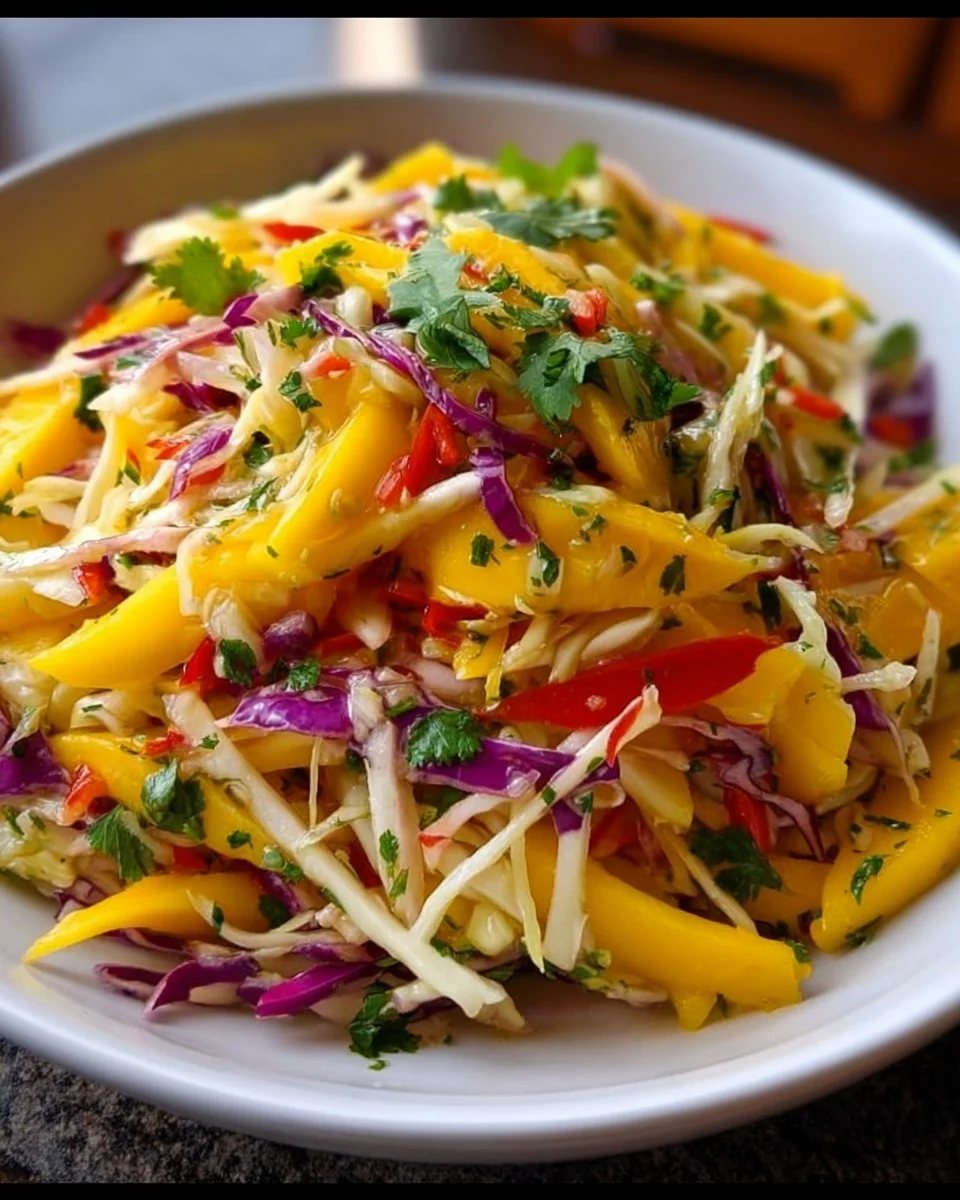 Bowl of easy mango slaw with colorful ingredients and fresh flavors
