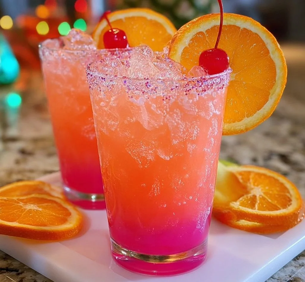 Colorful Electric Flamingo drink with tropical garnishes in a festive setting
