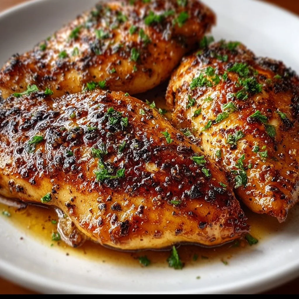 A delicious plate of Garlic Brown Sugar Chicken garnished with herbs