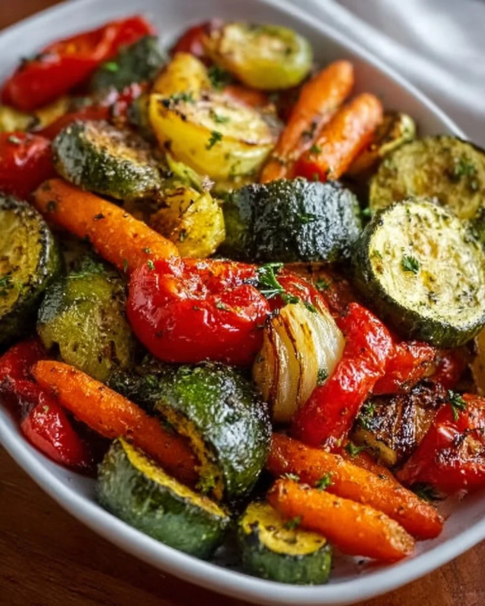 Dish of garlic roasted vegetables with colorful textures and flavors