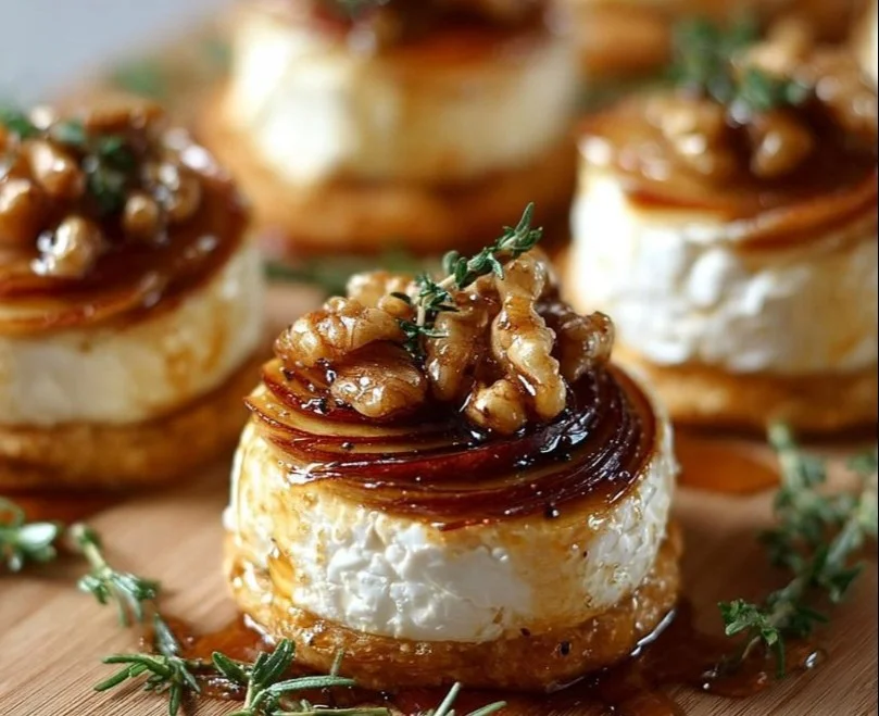Goat Cheese Bites drizzled with honey on a wooden platter.