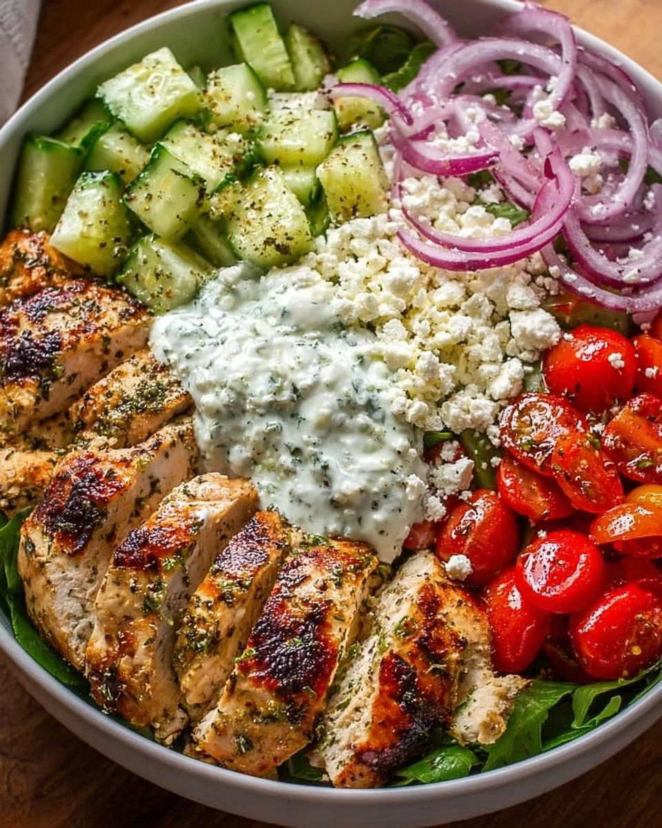 Delicious Greek Chicken Bowl with fresh vegetables and spices