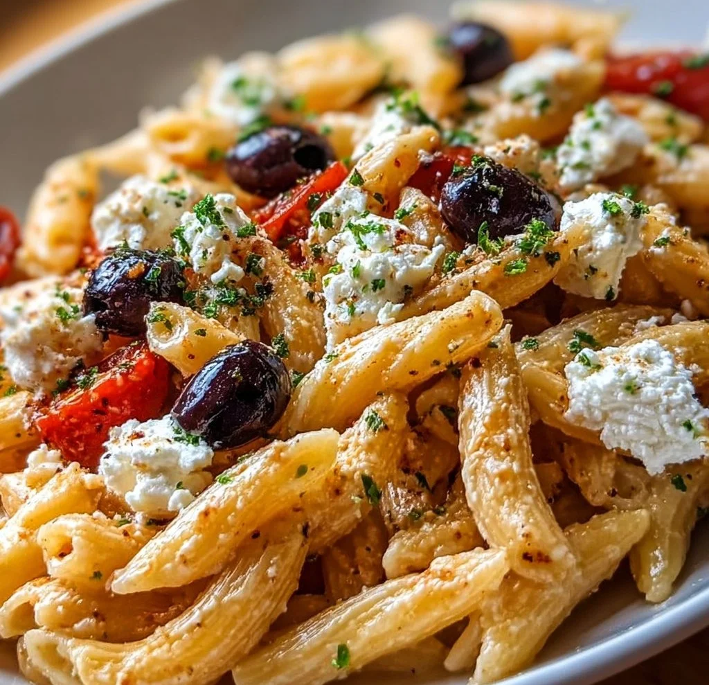 Delicious Greek Pasta with Feta and Olives served in a bowl