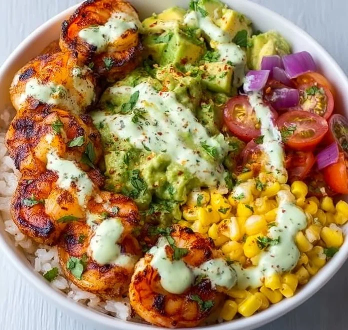 Delicious Grilled Shrimp Bowl with avocado and corn salsa