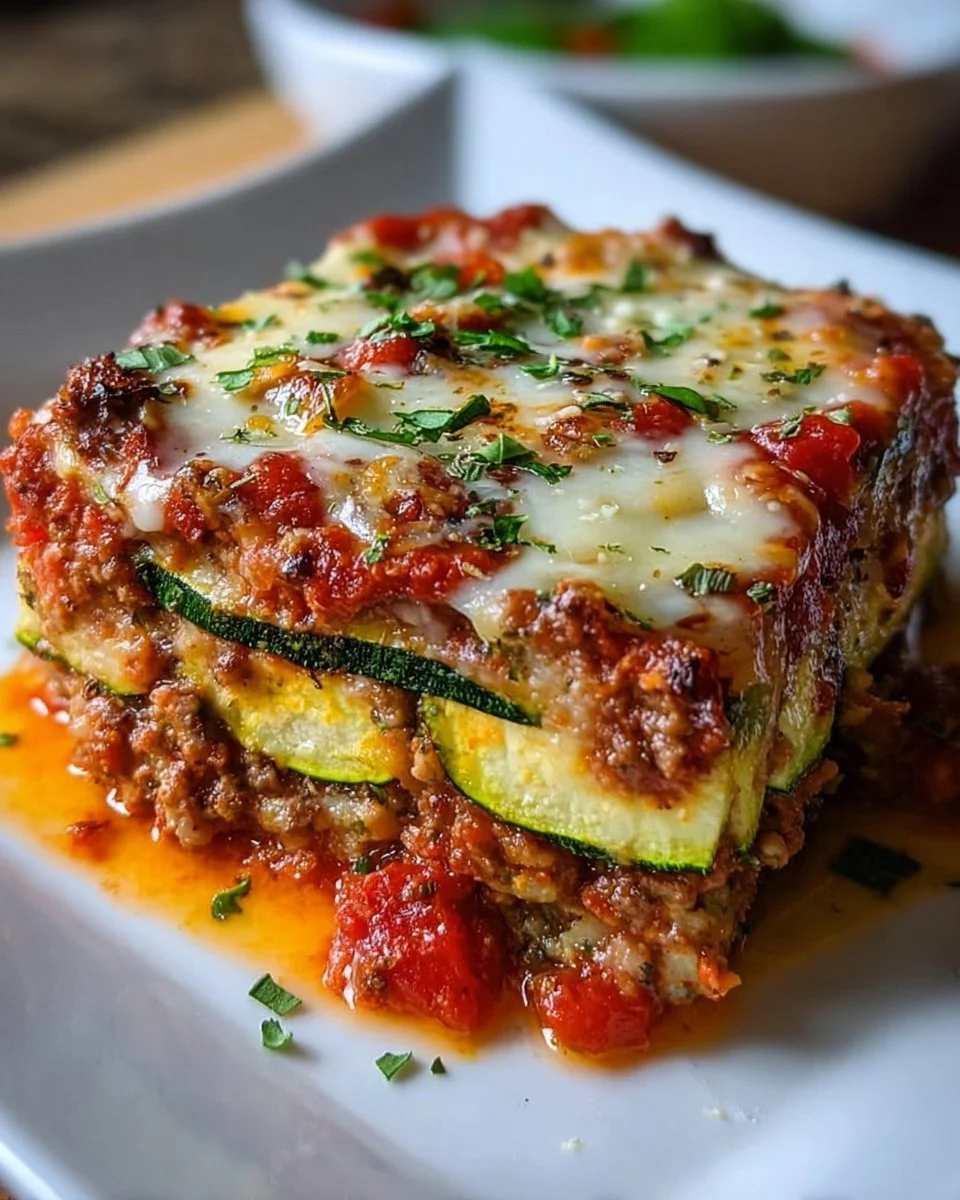 Guilt-free zucchini pizza casserole served in a dish with fresh toppings.