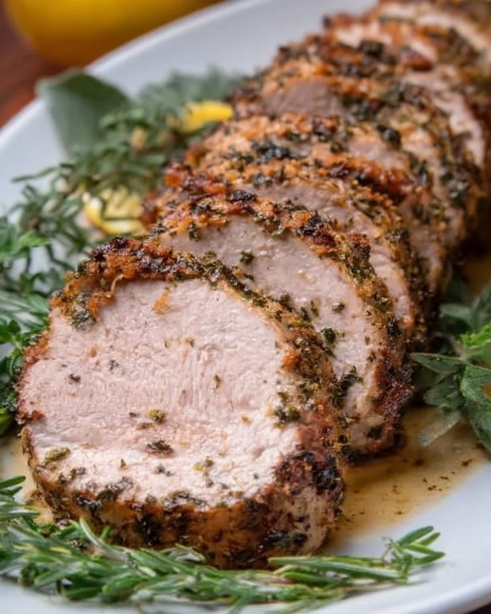 Herb-crusted pork tenderloin served with vegetables