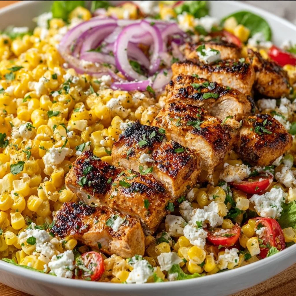 High Protein Chicken Street Corn Salad with fresh ingredients