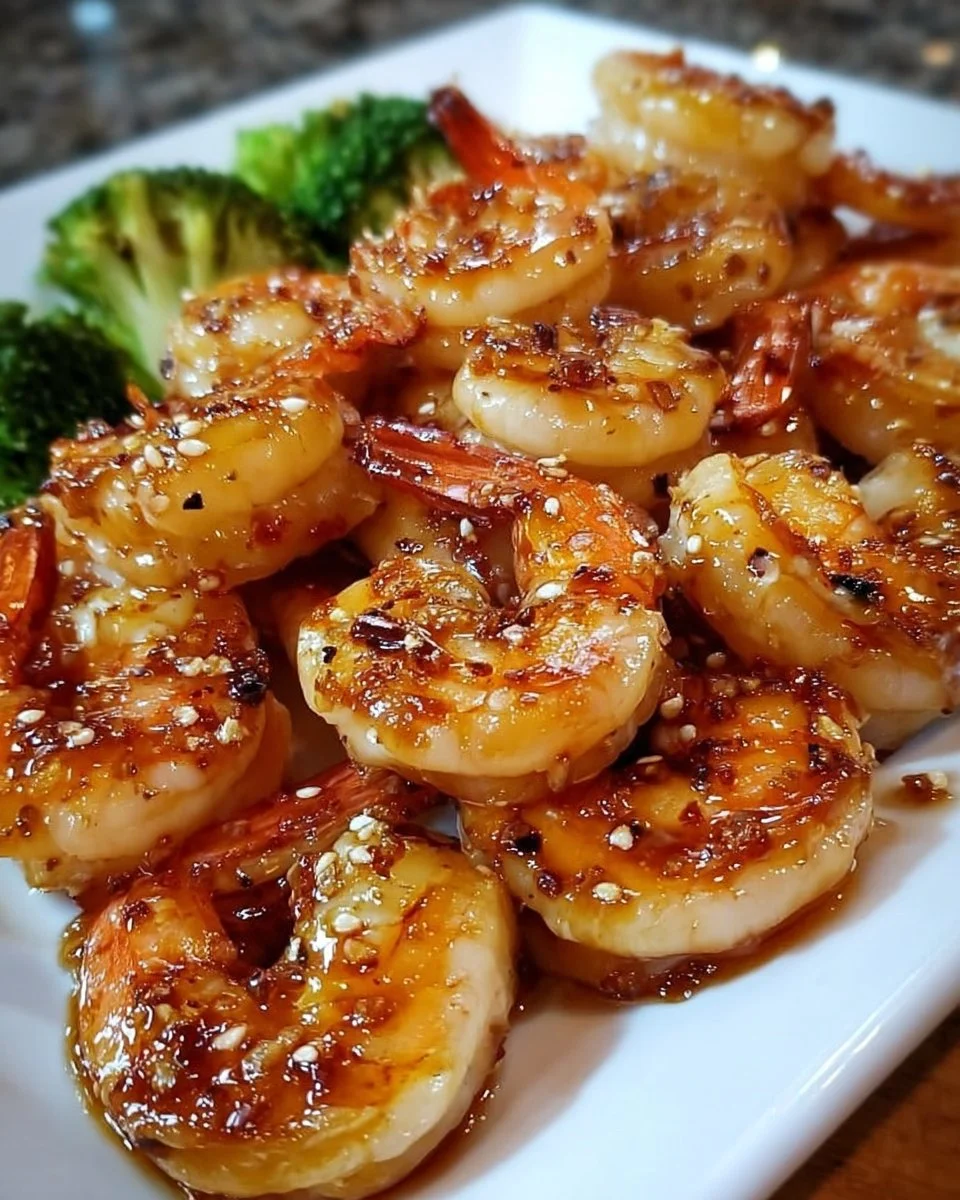 High-protein honey garlic shrimp dish served with vegetables.