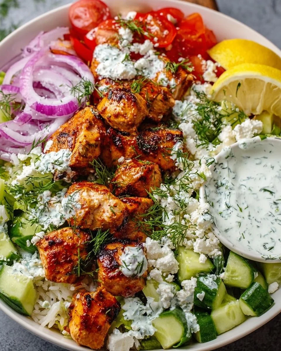 High Protein Mediterranean Lemon-Dill Chicken Bowls with fresh ingredients