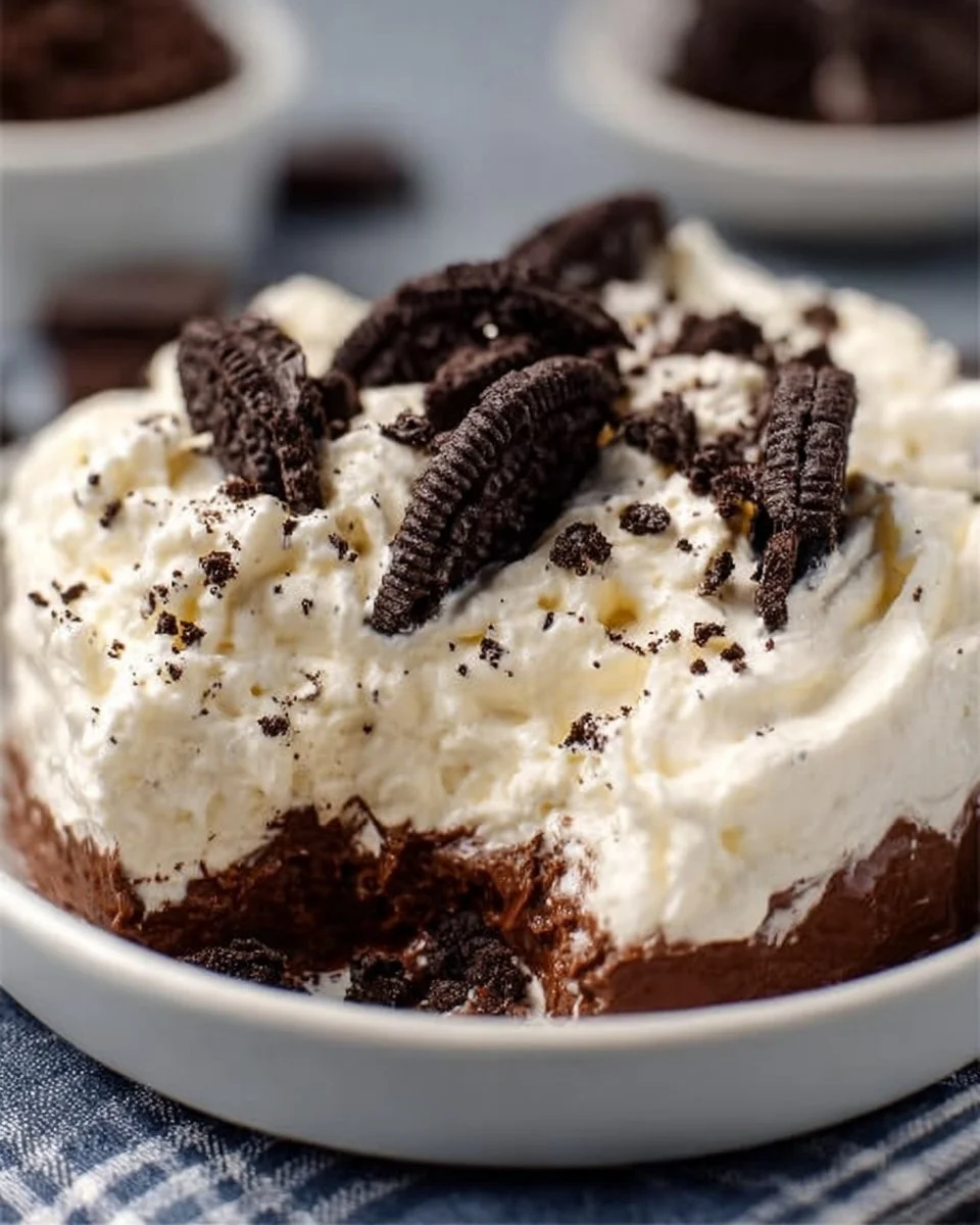 High Protein Oreo Fluff dessert topped with crushed Oreos and whipped cream
