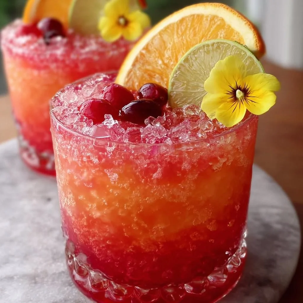 Colorful holiday punch served in festive glasses with seasonal decorations.