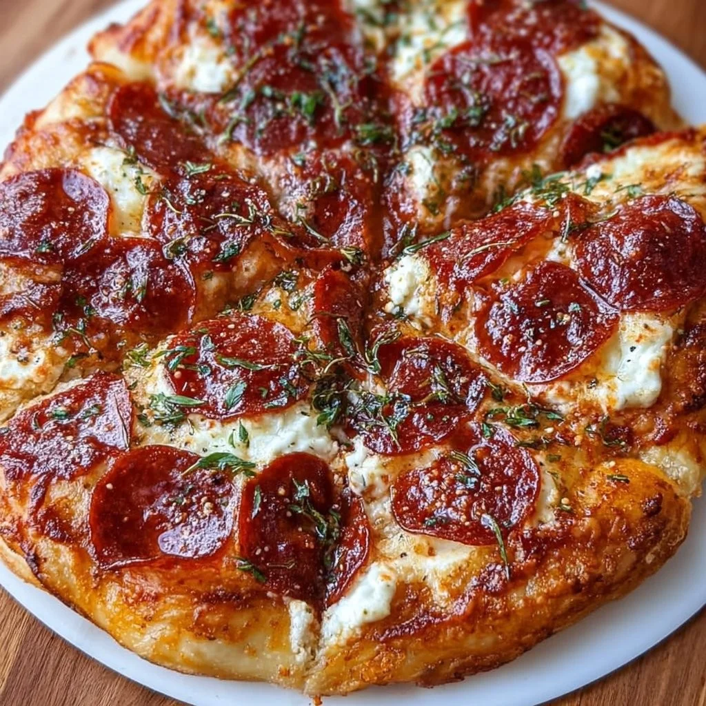 Hot honey beef pepperoni ricotta pizza topped with melted cheese and fresh herbs.