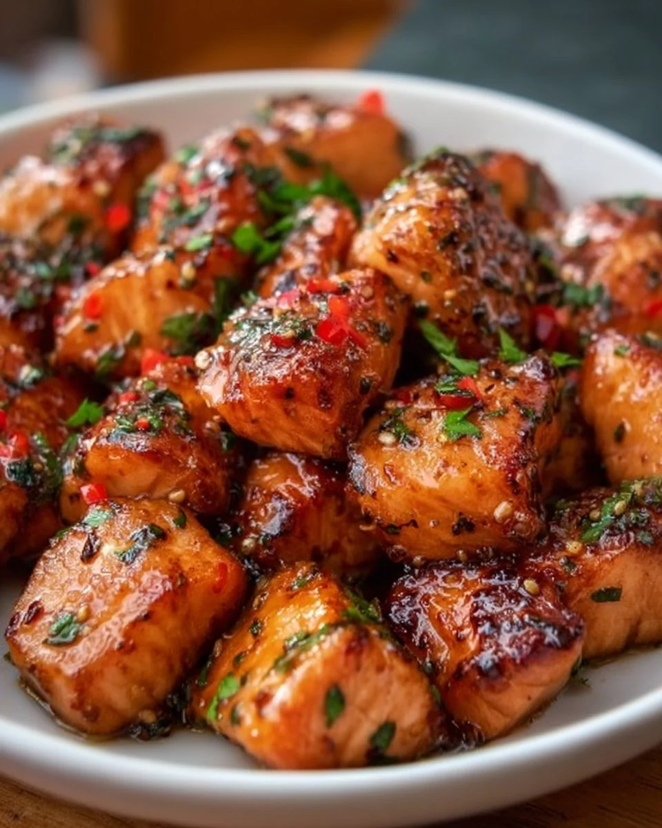 Plate of delicious hot honey salmon bites garnished with herbs