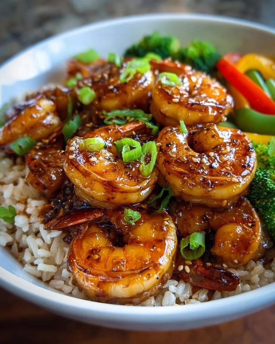 Delicious honey garlic shrimp bowl with rice and fresh vegetables