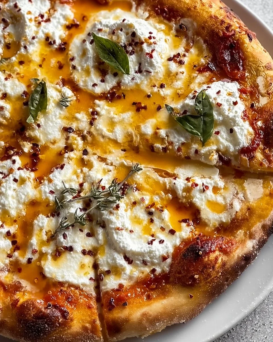 Delicious hot honey ricotta pizza topped with fresh herbs and drizzled with honey