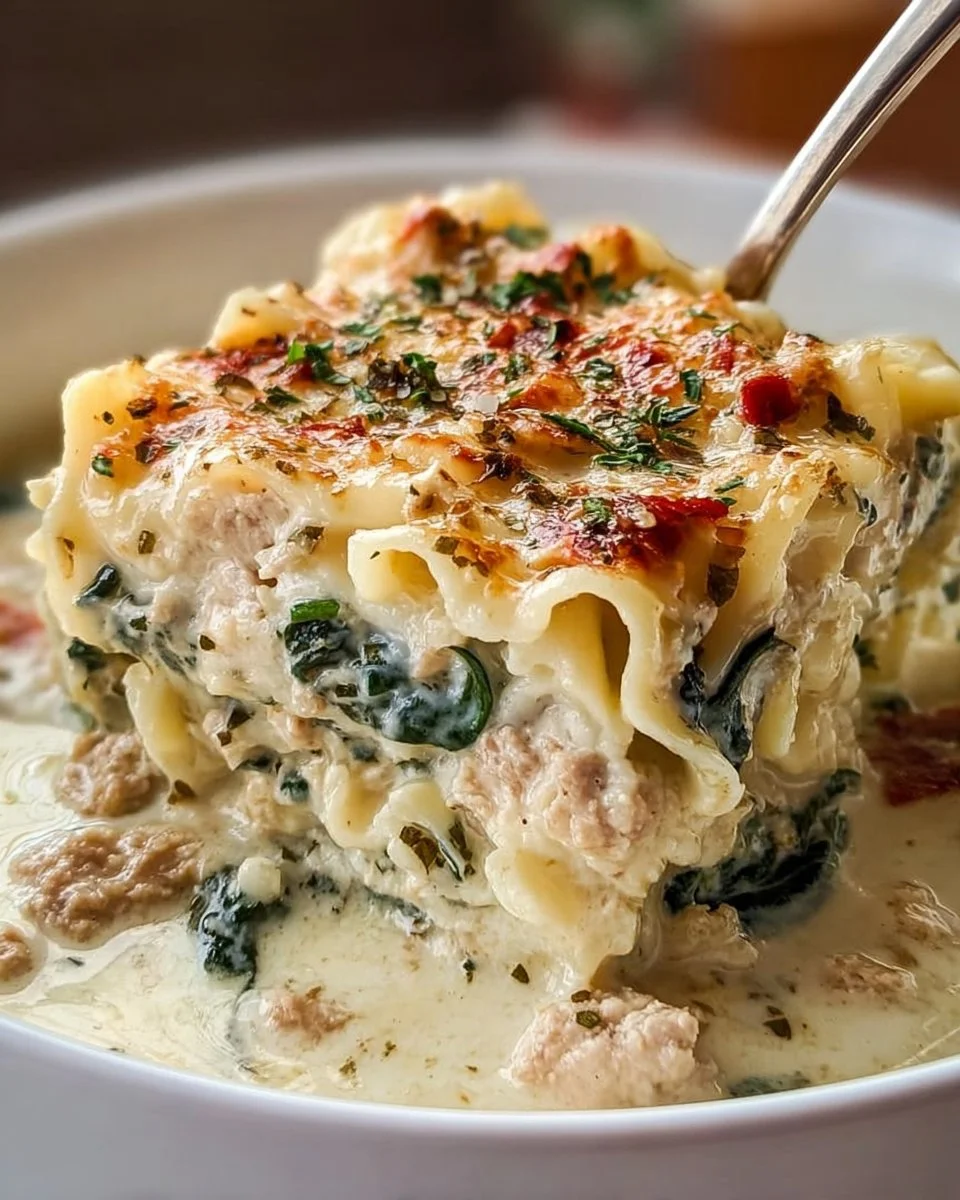 Bowl of Italian White Lasagna Soup with cheese and herbs