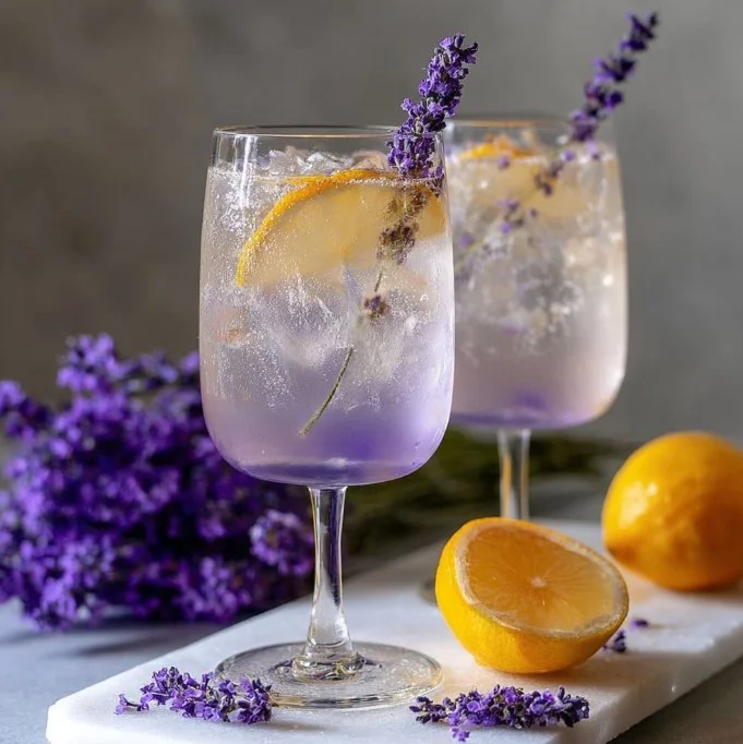 Lavender Spritz drink garnished with lavender flowers and a lemon slice.