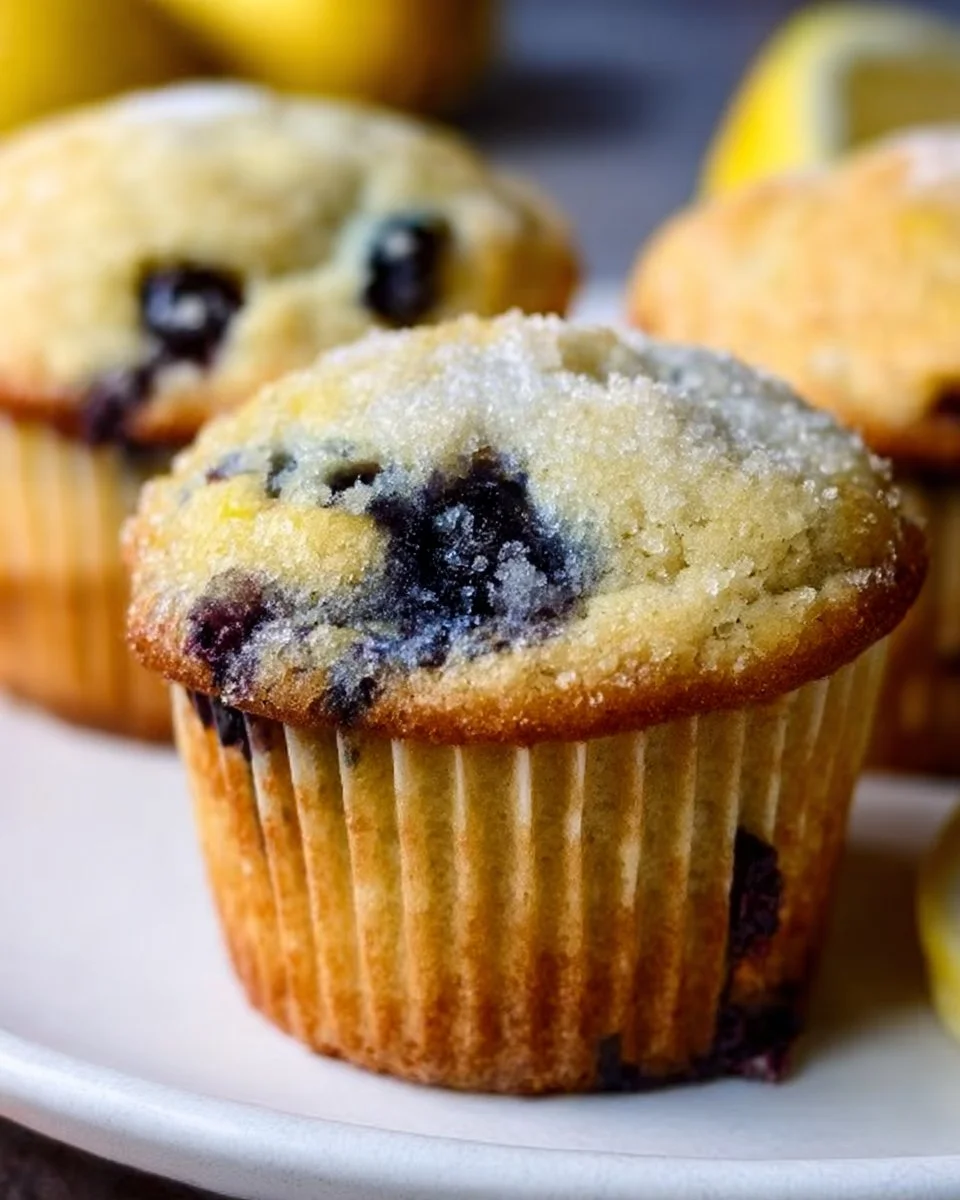 Freshly baked lemon blueberry muffins on a rustic table