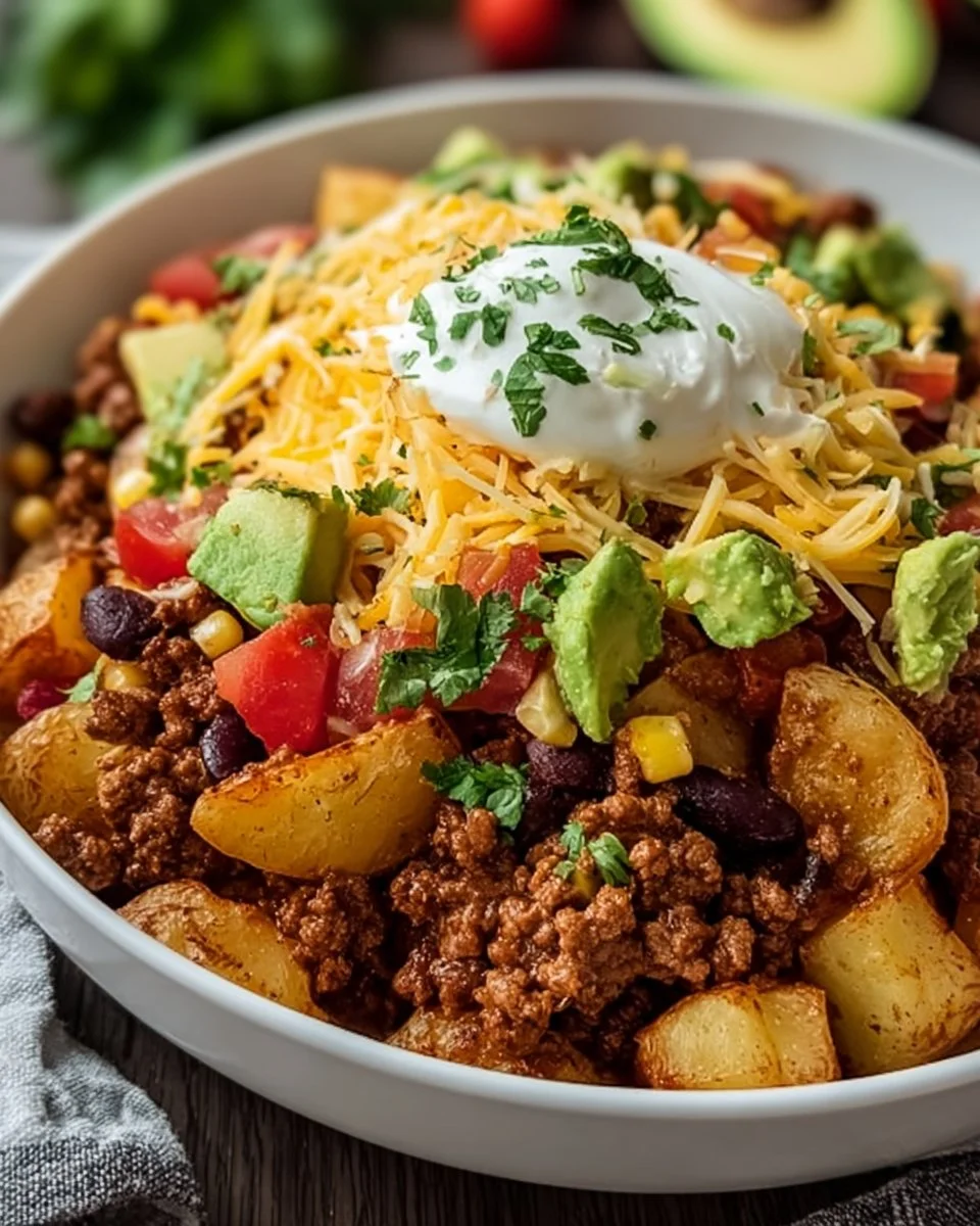 Delicious Loaded Potato Taco Bowl with crispy potatoes and vibrant toppings