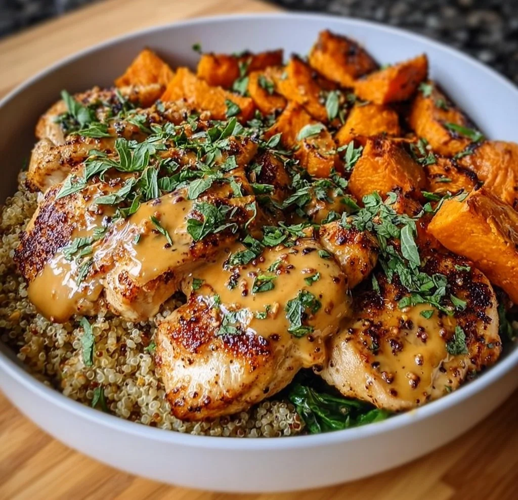 Maple Dijon Chicken served in a bowl with sweet potatoes and greens