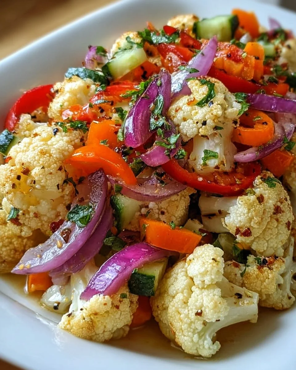 Marinated cauliflower salad with fresh vegetables in a bowl