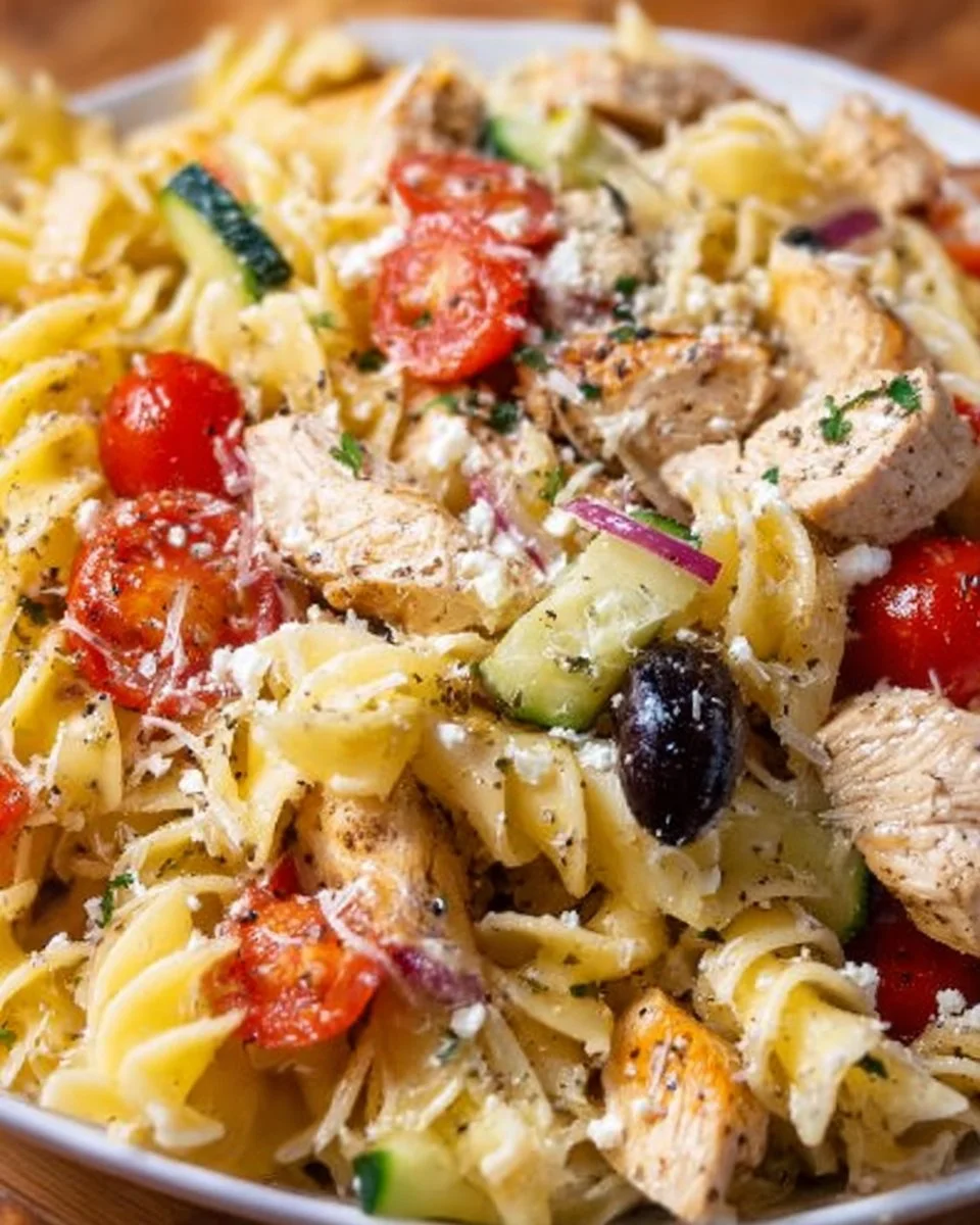 Plate of Mediterranean Pasta with Chicken, fresh vegetables and herbs