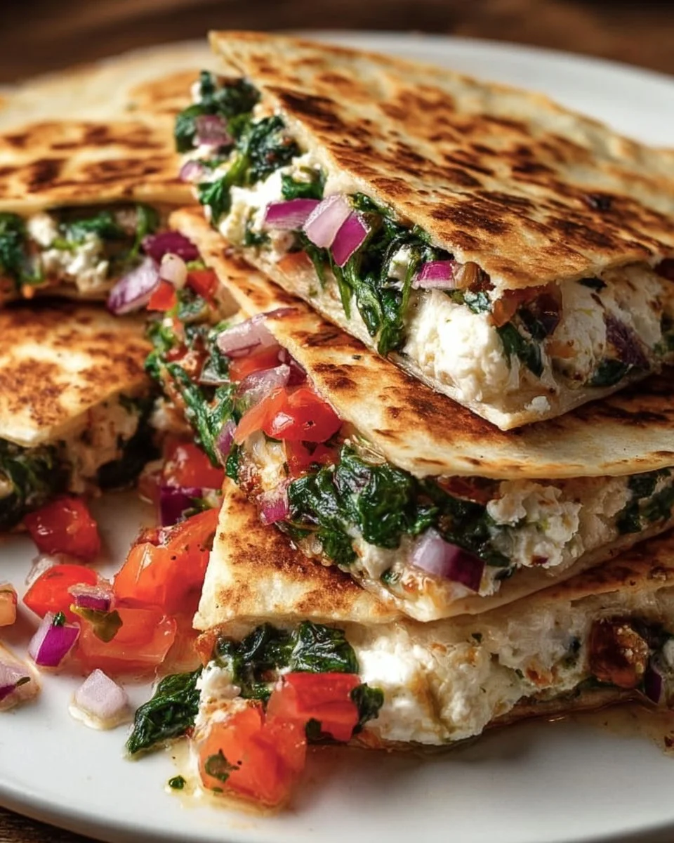 Mediterranean Quesadillas featuring spinach, feta cheese, mozzarella, and red onion