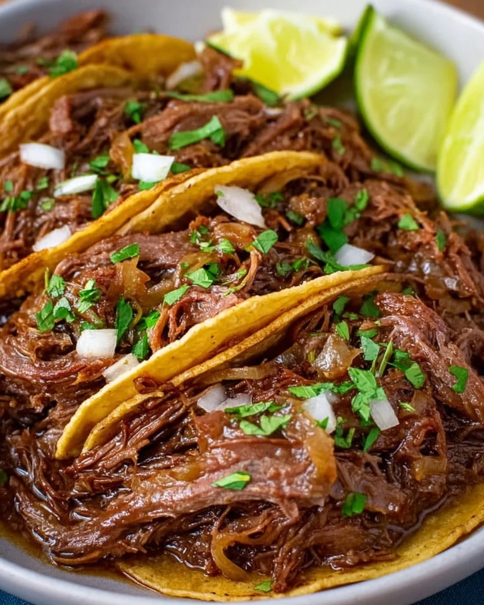 Delicious shredded beef tacos ready to serve with toppings in soft tortillas