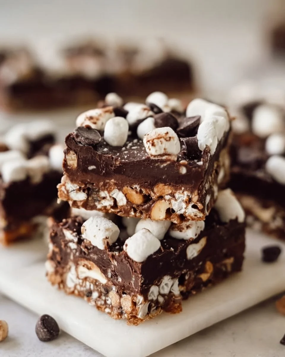 Delicious no-bake Rocky Road Bars with chocolate, marshmallows, and nuts.