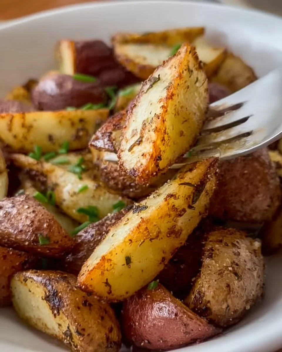 Crispy oven roasted potatoes served in a bowl, seasoned and golden brown.