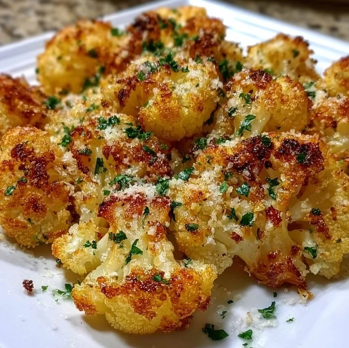 Bowl of Parmesan roasted cauliflower topped with herbs, ready to serve.