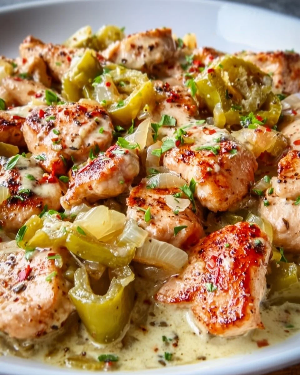 Easy one-pan Pepperoncini Chicken Skillet recipe with peppers and spices.
