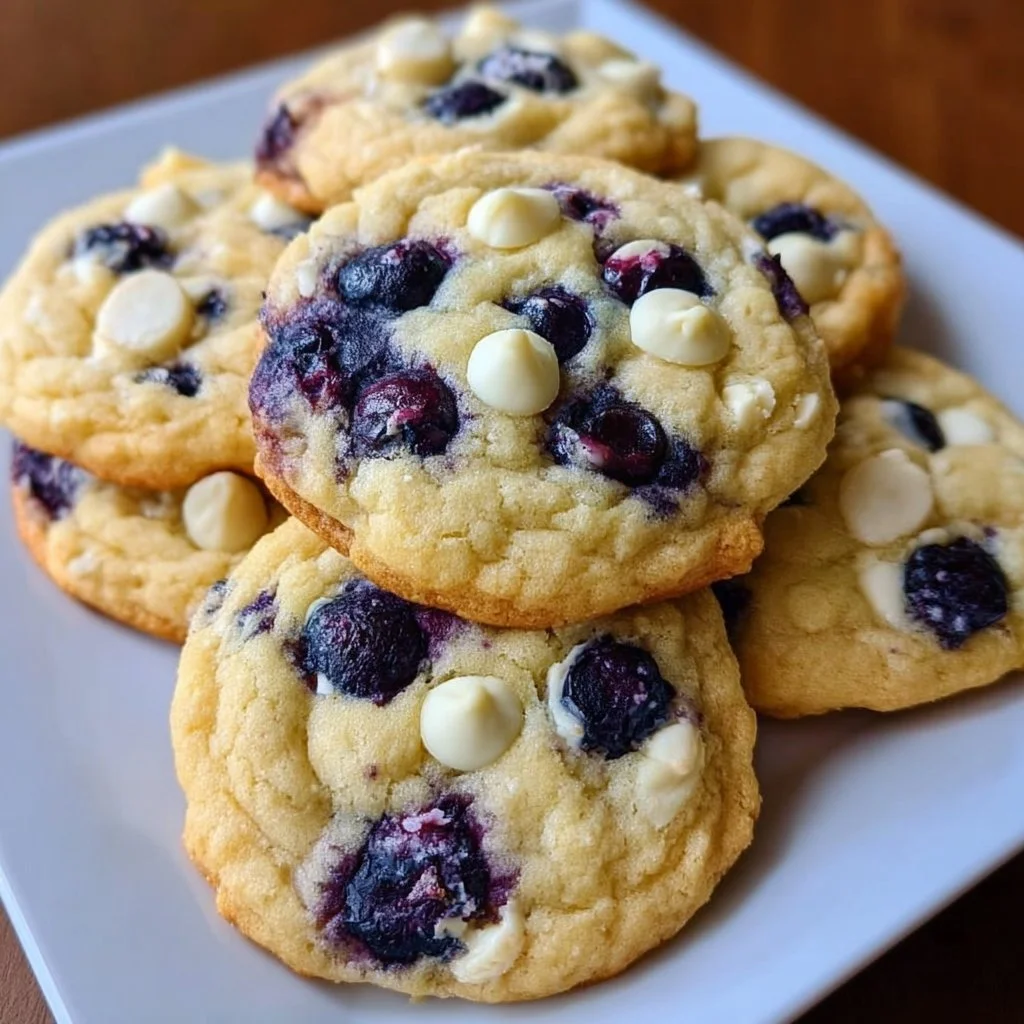 Perfect blueberry cheesecake cookies stacked on a plate