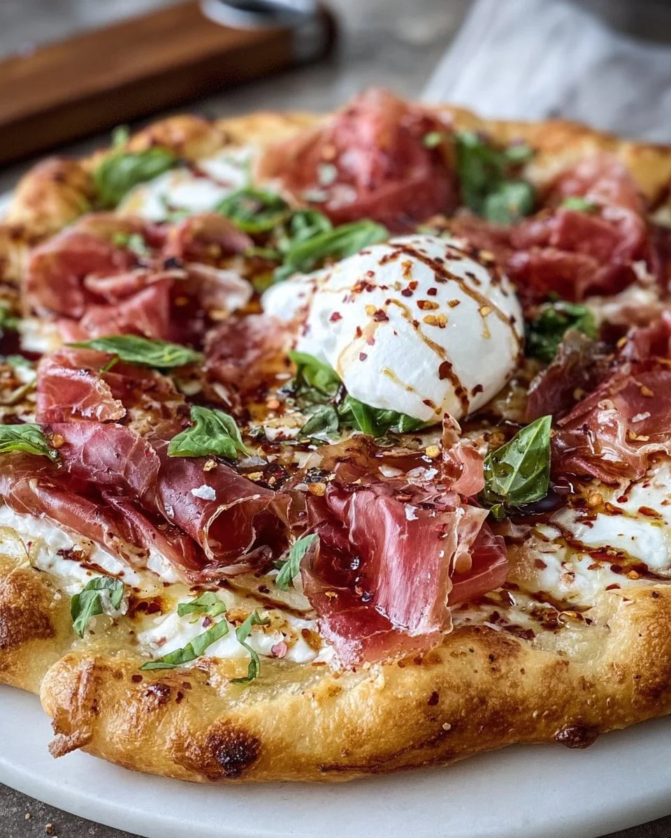 Delicious prosciutto and honey burrata pizza fresh out of the oven.