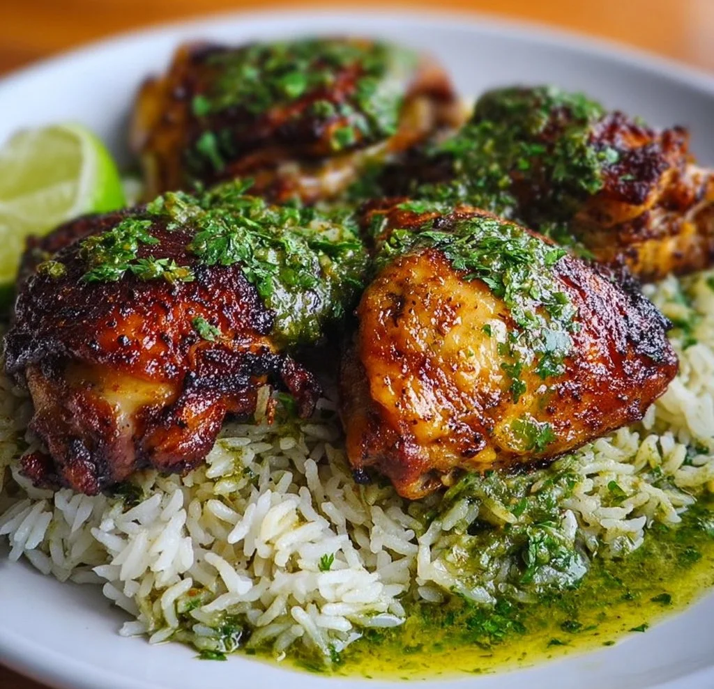 Delicious plate of Peruvian Chicken and Rice garnished with herbs