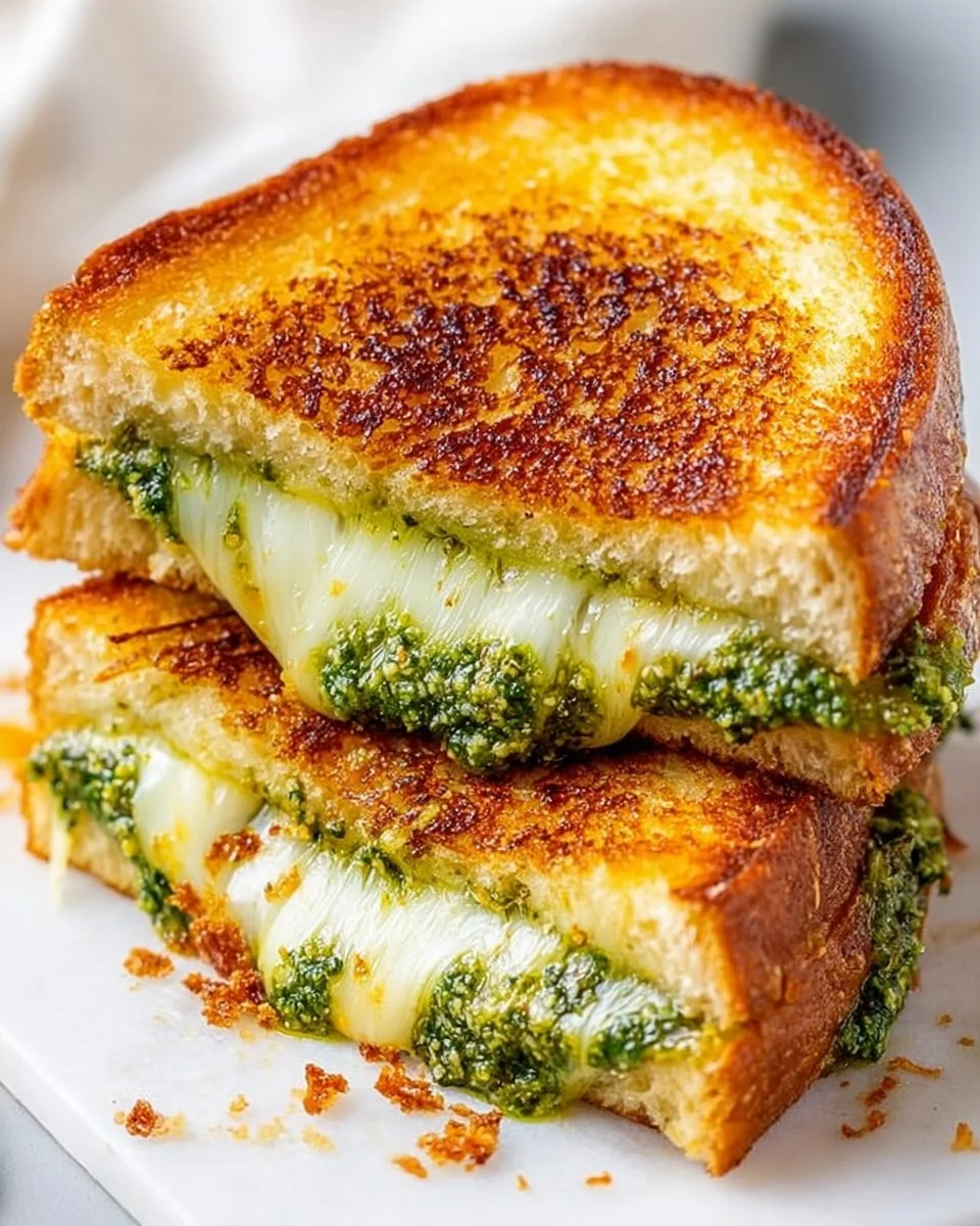 Delicious Pesto Grilled Cheese sandwich with vibrant green pesto and melted cheese