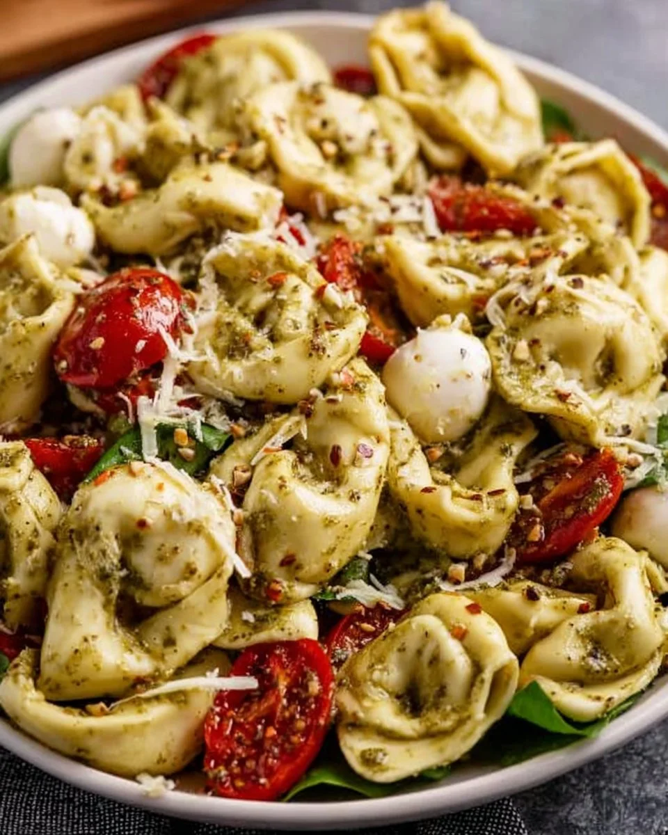 Pesto Tortellini Salad with fresh vegetables and herbs