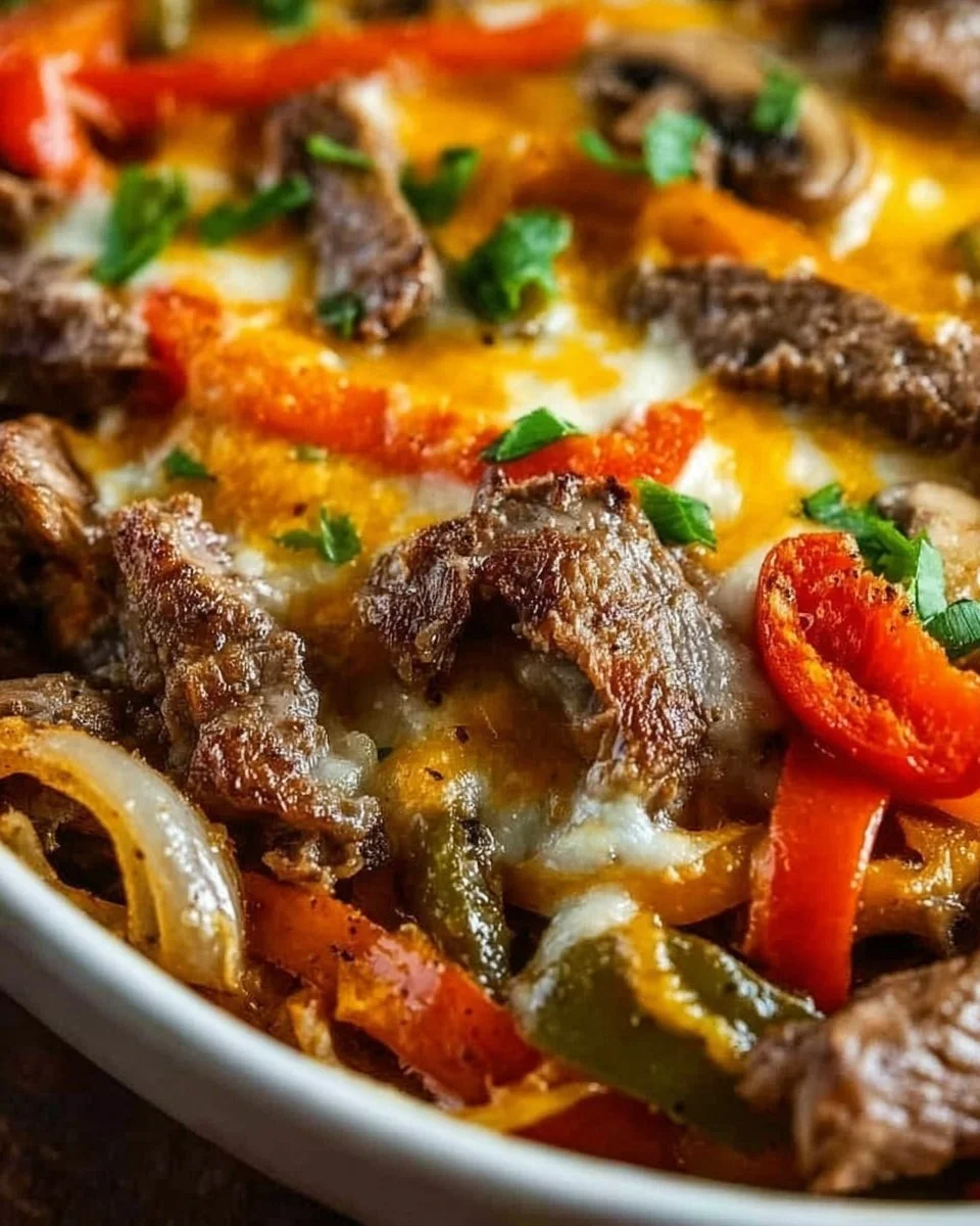 Philly cheesesteak casserole topped with cheese and peppers