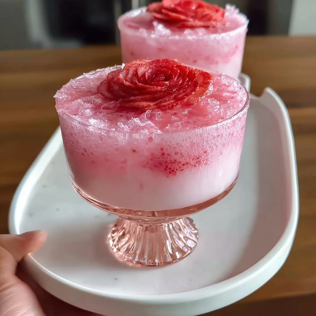 A refreshing Pink Drink served in a clear glass with ice and garnished with fruit.