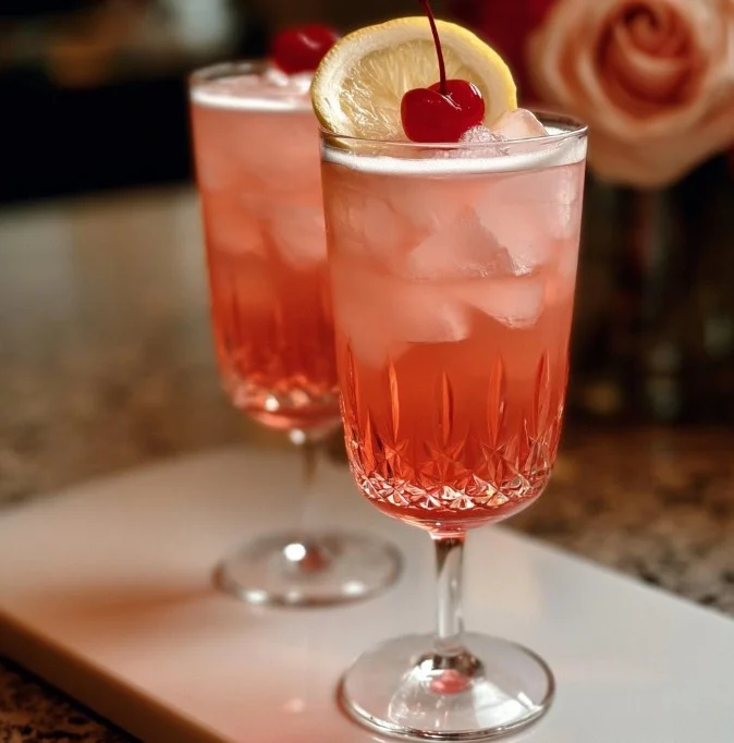 Pink Lady Cocktail garnished with a cherry and served in a stylish glass.