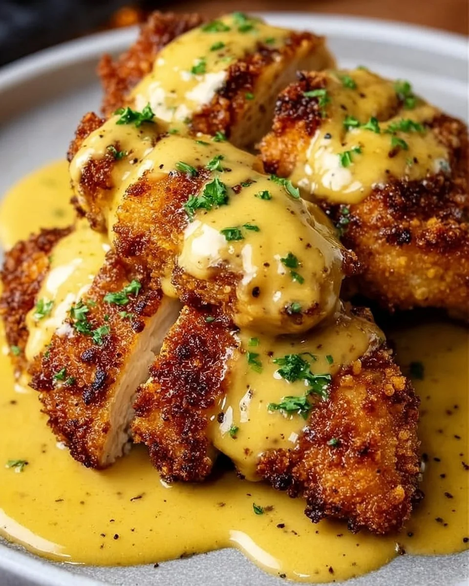 Pretzel Chicken with creamy mustard-cheddar sauce on a plate.