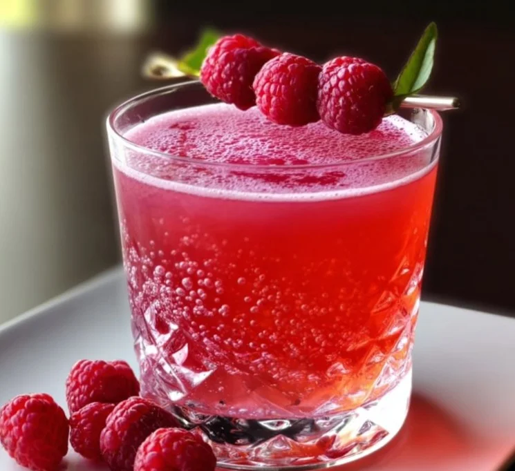 A refreshing Raspberry Gimlet cocktail served in a glass with fresh raspberries.