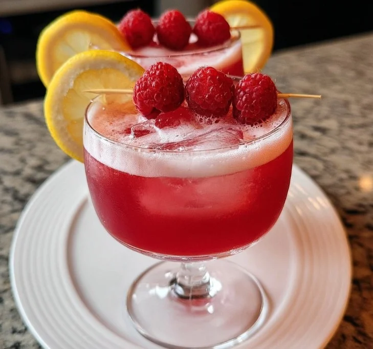 A refreshing Raspberry Gin Sour cocktail garnished with fresh raspberries.