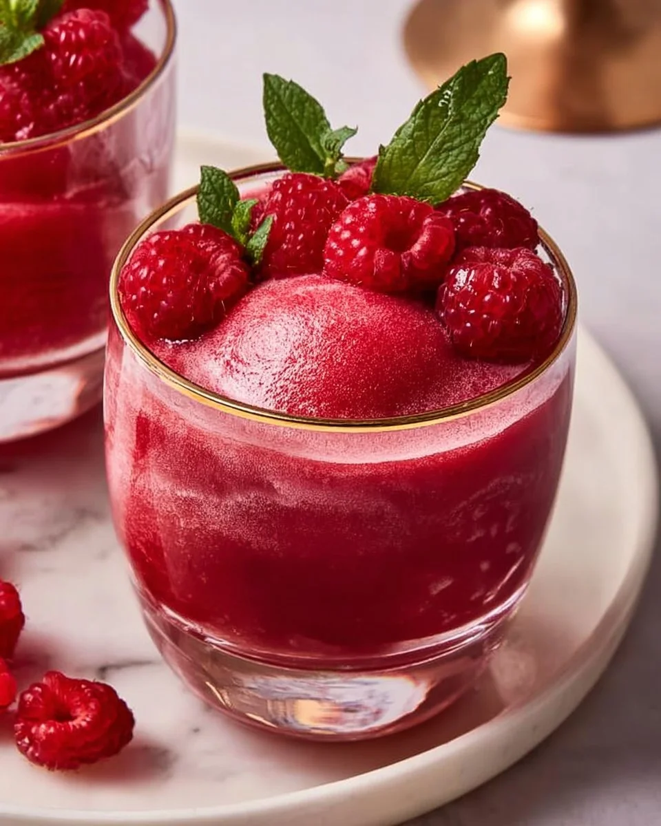 Raspberry Sorbet Champagne Floats in elegant glasses, a refreshing dessert cocktail