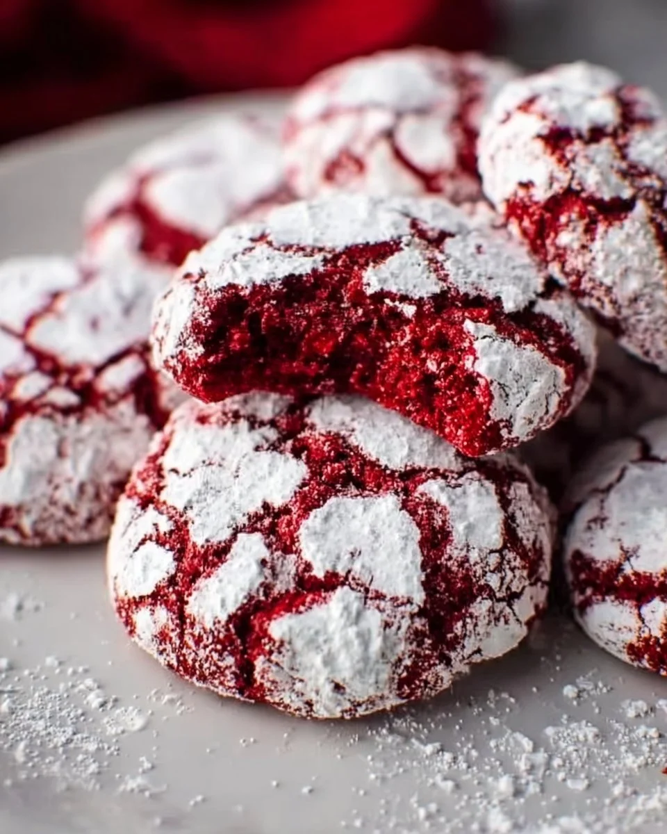 Delicious red velvet crinkle cookies with a soft texture and crinkly surface.