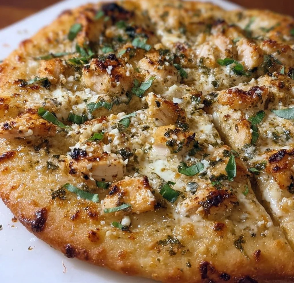 Roasted Garlic White Chicken Pizza topped with chicken, cheese, and roasted garlic