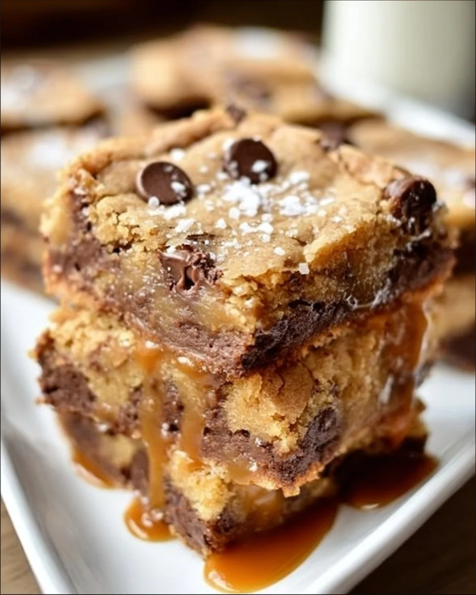 Delicious salted caramel chocolate chip cookie bars on a plate.